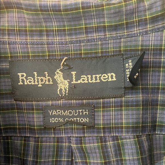 Ralph Lauren Yarmouth 100% Cotton Mens 17.5/34-35 Blue, Green & Navy Plaid Woven - Picture 2 of 6